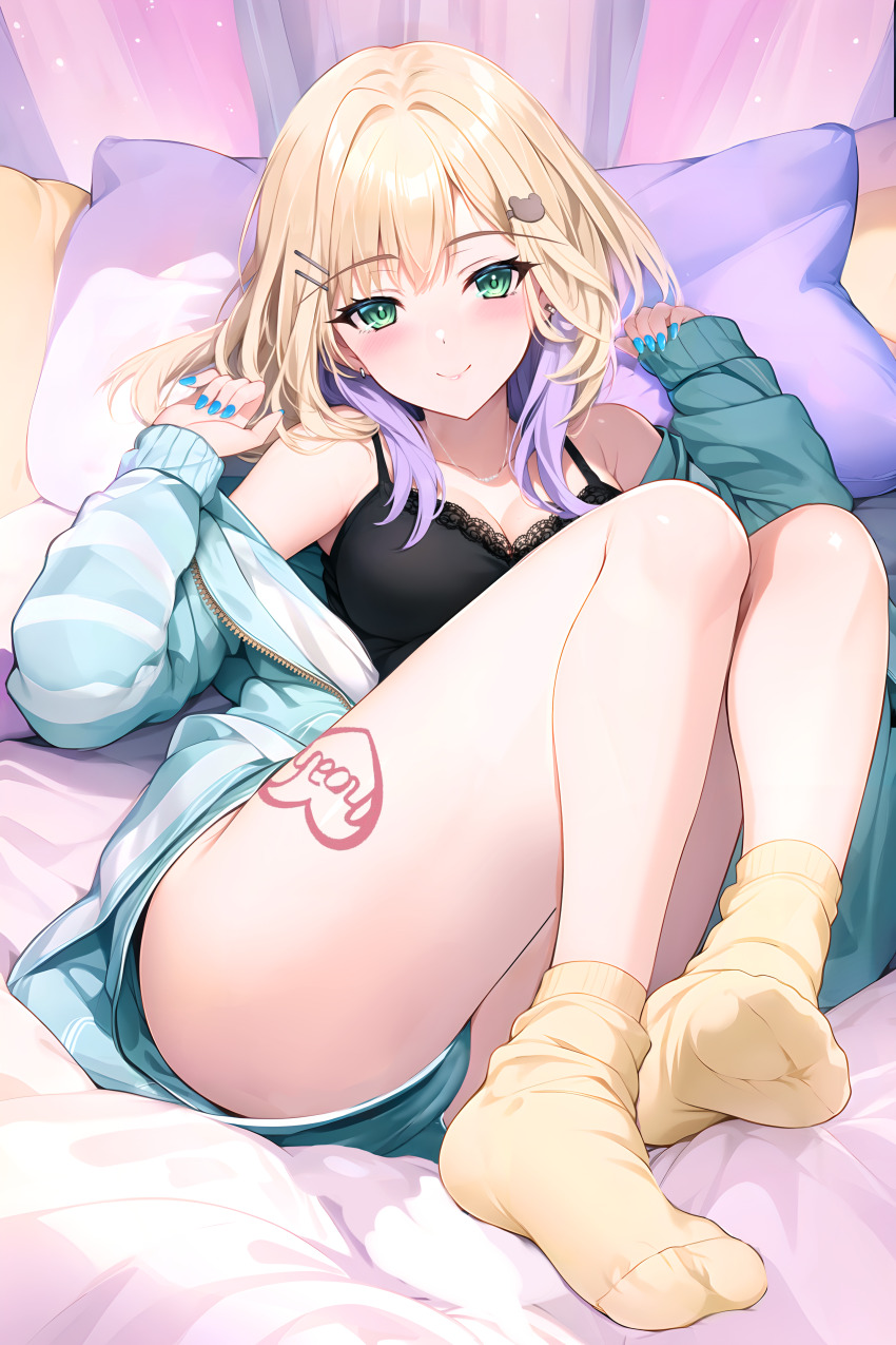 1girl, absurdres, ai-assisted, aqua_jacket, aqua_nails, aqua_shorts, bare_shoulders, blonde_hair, blush, breasts, cleavage, closed_mouth, earrings, fingernails, green_eyes, hair_ornament, hairclip, highres, jacket, jewelry, kurumi_noah, kurumi_noah_(6th_costume), looking_at_viewer, medium_breasts, medium_hair, multicolored_hair, nail_polish, open_clothes, open_jacket, purple_hair, short_shorts, shorts, smile, socks, solo, striped_clothes, striped_jacket, sugiki, thighs, virtual_youtuber, vspo!, yellow_socks