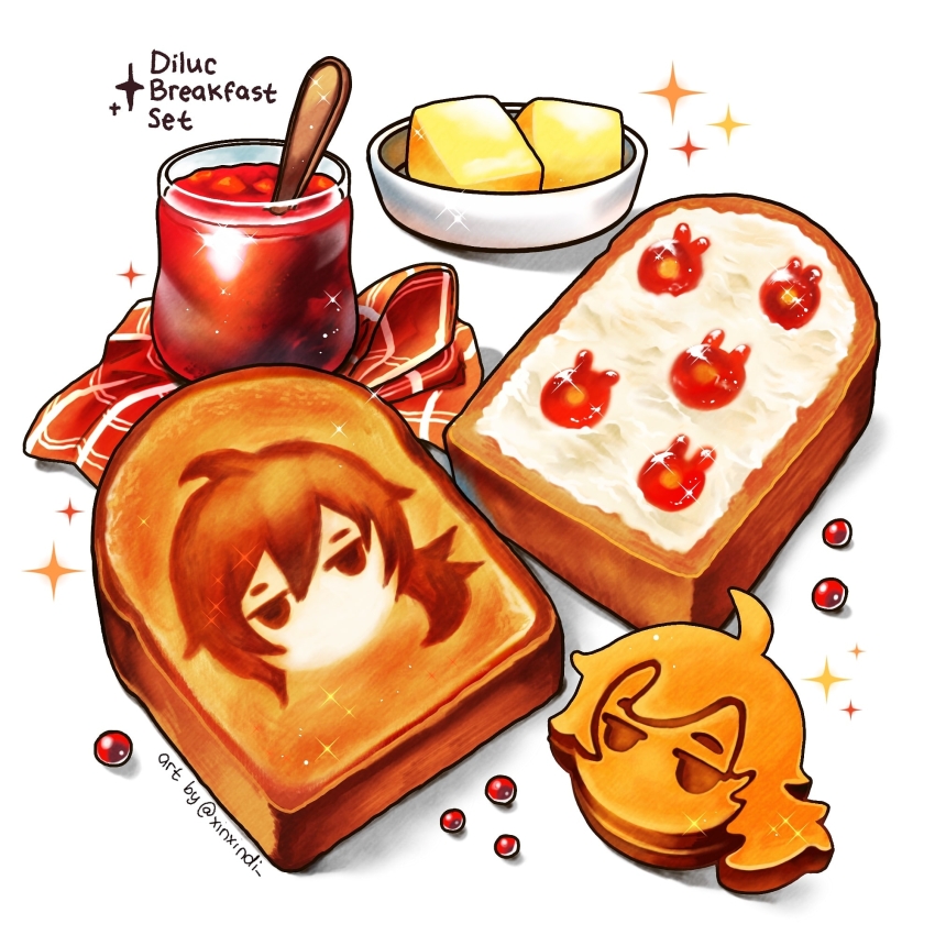 artist_name, bread_slice, butter, diluc_(genshin_impact), food, food_focus, foodification, genshin_impact