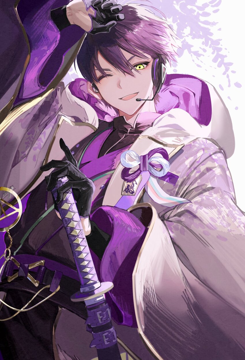 1boy, arm_up, black_gloves, black_kimono, coat, floral_print, gloves, gradient_clothes, hand_on_hilt, haori, headset, highres, hood, hood_down, japanese_clothes, katana, kenmochi_touya, kenmochi_touya_(10th_costume), kimono, long_sleeves, looking_at_viewer, mtmtomt328, nijisanji, obi, omamori, one_eye_closed, open_mouth, purple_hair, purple_kimono, sash, short_hair, smile, solo, sword, tachi-e, virtual_youtuber, weapon, white_coat, wide_sleeves, yellow_eyes