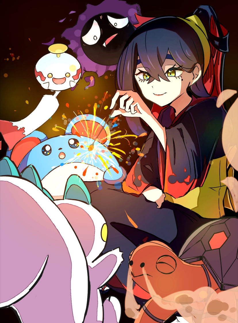 1girl, black_hair, blue_yukata, carmine_(pokemon), chimecho, clenched_hand, closed_eyes, colored_inner_hair