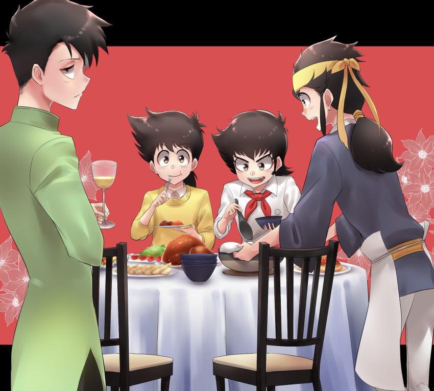 ajiyoshi_yoichi, black_hair, bow, bowl, chair, chicken_(food), cup, dumpling