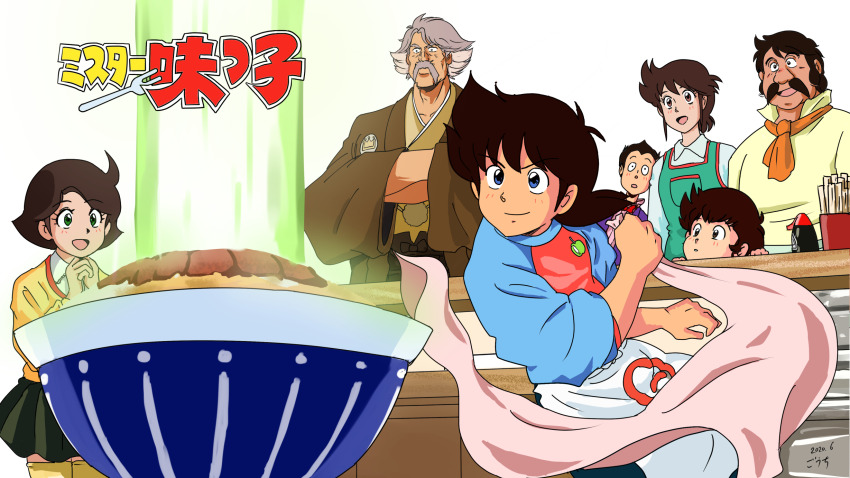 2girls, 5boys, :d, ahoge, ajiyoshi_noriko, ajiyoshi_yoichi, apron, black_hair