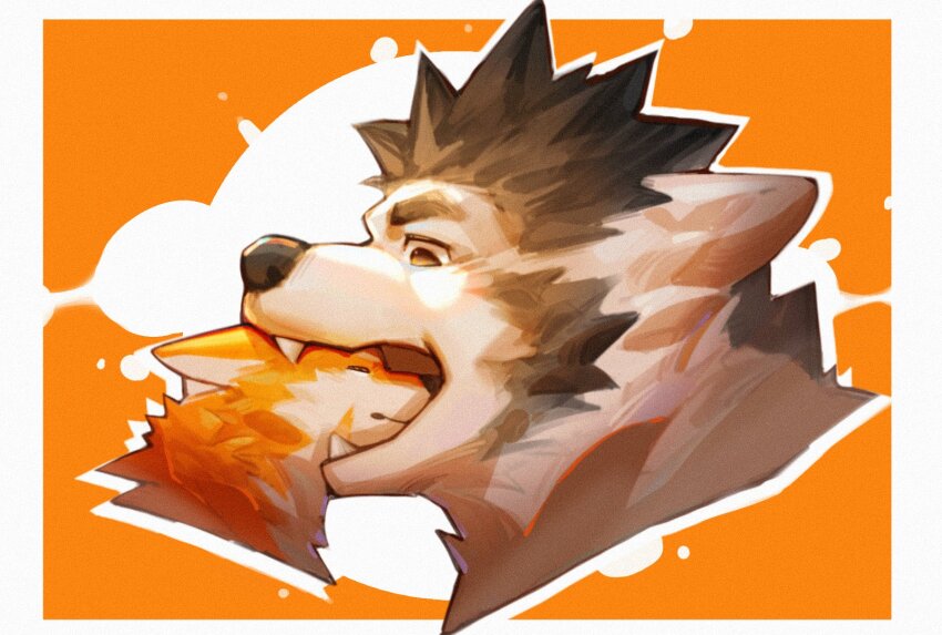 2boys, bara, couple, cropped_torso, dog_boy, doooo_(doooo24), facial_hair, fox_boy