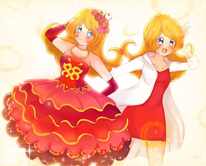 1girl, arm_behind_head, blue_eyes, coat, dress, flower, gloves, hair_flower, hair_ornament, highres, long_hair, mona_(warioware), nintendo, orange_hair, short_dress, starlet_twt, warioware, warioware:_gold