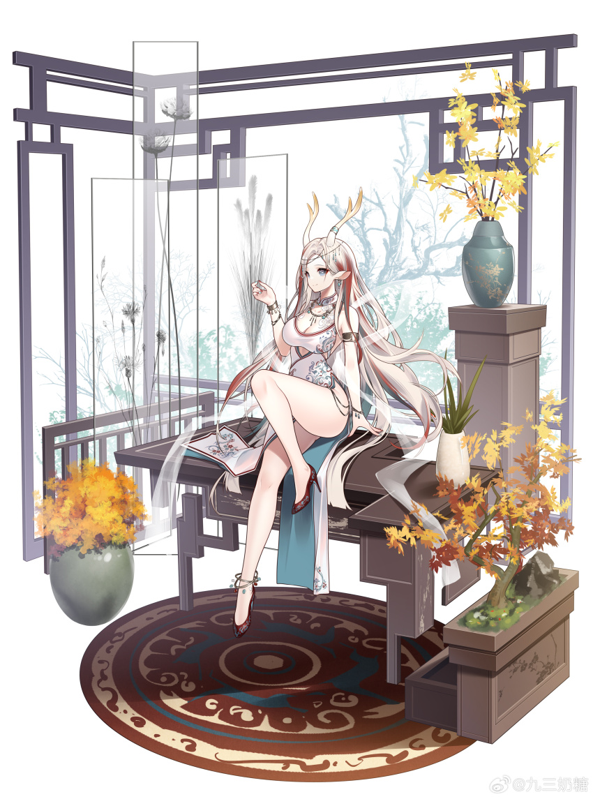 1girl, a_deer_of_nine_colors, absurdres, alternate_costume, animal_ears, anklet, antler_ring, antlers