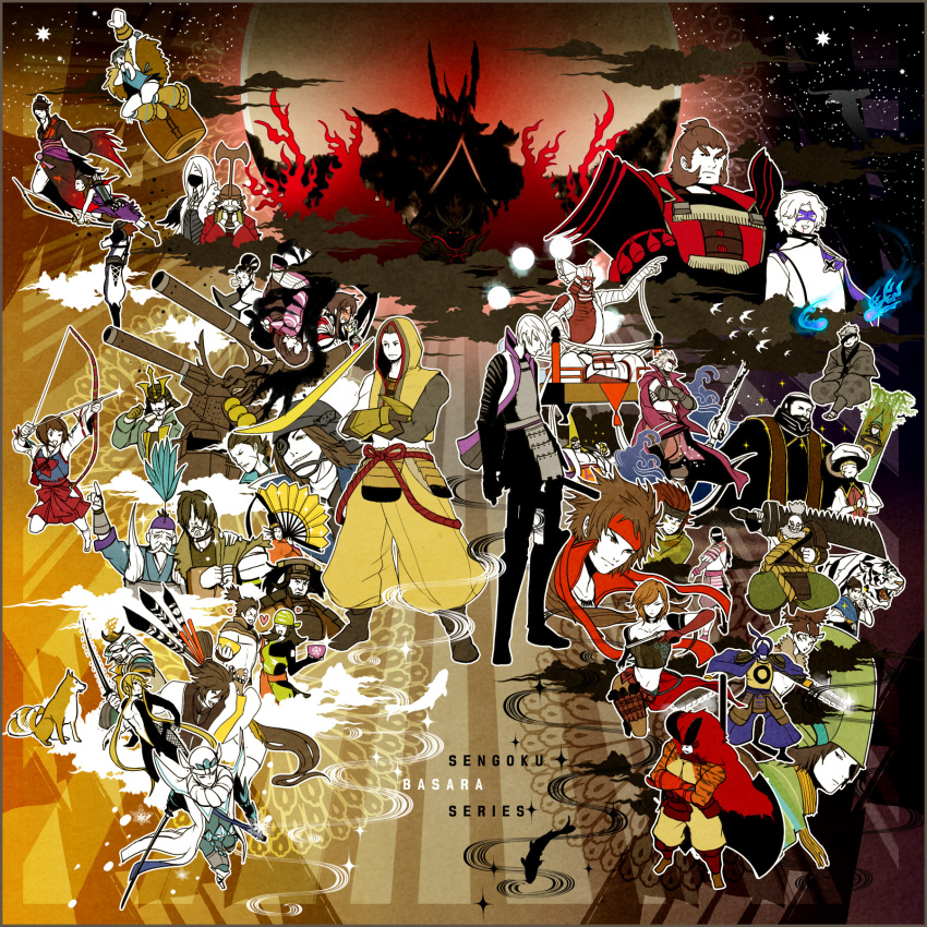 6+boys, 6+girls, absolutely_everyone, akechi_mitsuhide_(sengoku_basara), armor, arrow_(projectile), axe, azai_nagamasa_(sengoku_basara), bad_id, bad_pixiv_id, bird, black_hair, blood, brown_hair, character_request, chosokabe_motochika_(sengoku_basara), cup, date_masamune_(sengoku_basara), dog, everyone, eye_mask, eyebrows, eyepatch, feathers, fish, folding_fan, fox, fuuma_kotarou_(sengoku_basara), grey_hair, hair_over_eyes, hand_fan, hat, heart, helmet, highres, hiko_(lg612), hiko_(scape), honda_tadakatsu_(sengoku_basara), honganji_kennyo, hood, hoodie, houjou_ujimasa_(sengoku_basara), imagawa_yoshimoto_(sengoku_basara), ishida_mitsunari_(sengoku_basara), itsuki_(sengoku_basara), japanese_clothes, jumping, kasuga_(sengoku_basara), katakura_kojuurou_(sengoku_basara), katana, kimono, kobayakawa_hideaki, kuroda_kanbei_(sengoku_basara), long_hair, maeda_keiji_(sengoku_basara), maeda_toshiie_(sengoku_basara), mask, matsu_(sengoku_basara), matsunaga_hisahide_(sengoku_basara), miyamoto_musashi_(sengoku_basara), mogami_yoshiaki_(sengoku_basara), mori_ranmaru_(sengoku_basara), mouri_motonari_(sengoku_basara), multiple_boys, multiple_girls, naoe_kanetsugu_(sengoku_basara), nouhime_(sengoku_basara), oda_nobunaga_(sengoku_basara), oichi_(sengoku_basara), ootomo_sourin_(sengoku_basara), otani_yoshitsugu_(sengoku_basara), ponytail, red_eyes, red_hair, saika_magoichi_(sengoku_basara), sanada_yukimura_(sengoku_basara), sarutobi_sasuke_(sengoku_basara), seagull, sengoku_basara, sengoku_basara_3, shimazu_yoshihiro_(sengoku_basara), short_hair, sparkle, star_(symbol), sword, tachibana_muneshige_(sengoku_basara), takeda_shingen_(sengoku_basara), takenaka_hanbee_(sengoku_basara), tears, tenkai_(sengoku_basara), tiger, tokugawa_ieyasu_(sengoku_basara), toyotomi_hideyoshi_(sengoku_basara), tsuruhime_(sengoku_basara), uesugi_kenshin_(sengoku_basara), very_long_hair, weapon, white_hair, zabii_(sengoku_basara)