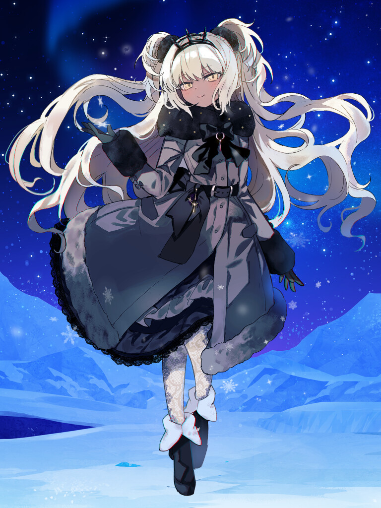 1girl, alexandra_lieven, belt, black_bow, black_coat, black_footwear, blonde_hair, bow, chain_paradox, coat, dark-skinned_female, dark_skin, hair_ornament, hair_scrunchie, long_hair, long_sleeves, looking_at_viewer, mp_cookie, night, outdoors, pantyhose, scrunchie, sky, snowing, solo, two_side_up, white_pantyhose, yellow_eyes