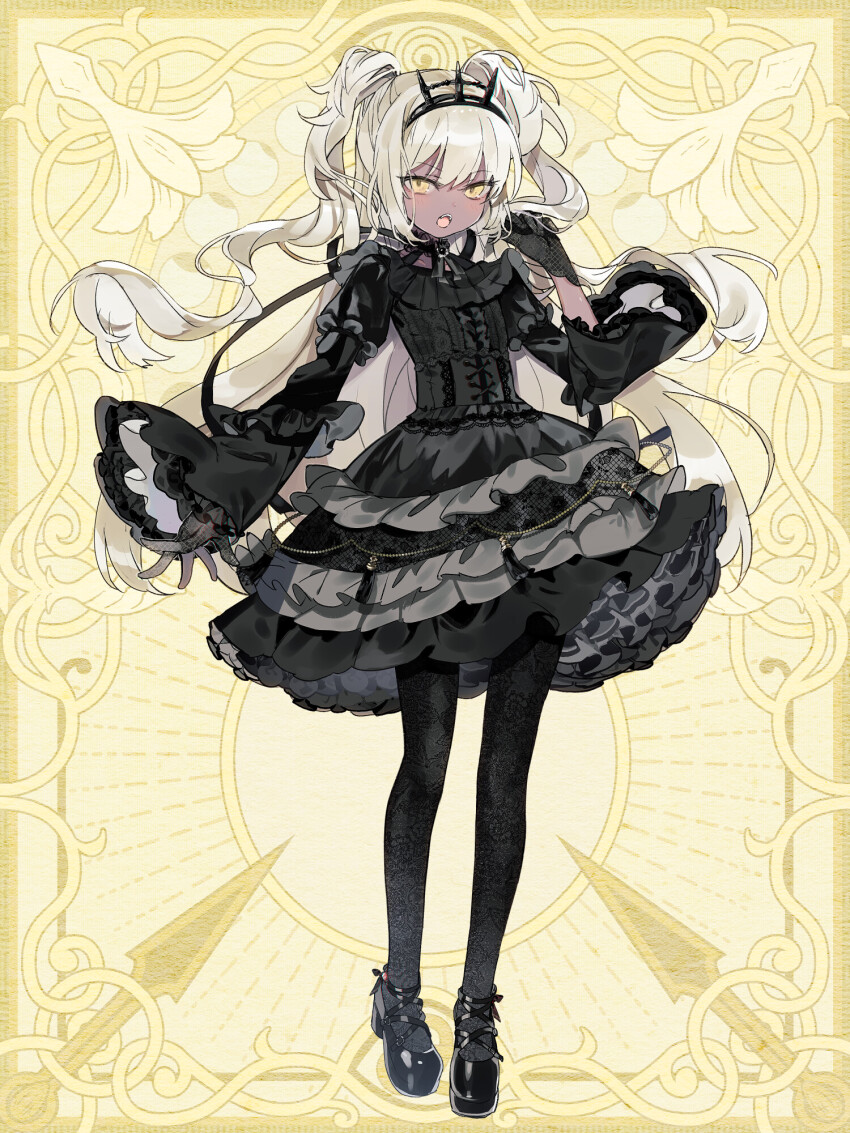 alexandra_lieven, black_dress, black_footwear, black_gloves, black_hairband, black_pantyhose, blonde_hair, chain_paradox, dark-skinned_female, dark_skin, dress, frilled_dress, frills, full_body, gloves, gothic_lolita, hairband, highres, lolita_fashion, long_hair, long_sleeves, looking_at_viewer, mp_cookie, open_mouth, pantyhose, solo, standing, two_side_up, very_long_hair, yellow_background, yellow_eyes