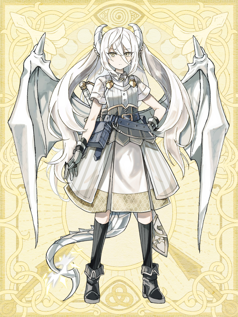 1girl, belt, black_footwear, black_socks, chain_paradox, dragon_wings, full_body, gauntlets, hair_between_eyes, hand_on_own_hip, horns, kneehighs, long_hair, looking_at_viewer, mp_cookie, sheath, sheathed, socks, solo, standing, tail, very_long_hair, white_hair, white_horns, wings, yellow_background, yellow_eyes