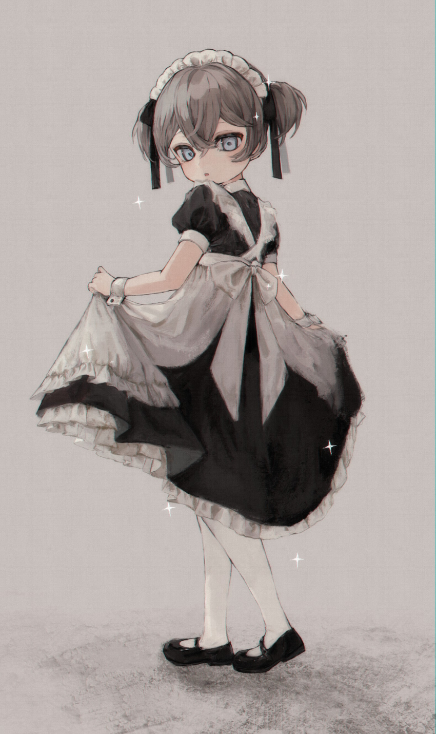 1girl, absurdres, apron, black_dress, black_ribbon, black_shoes, blue_eyes, blush