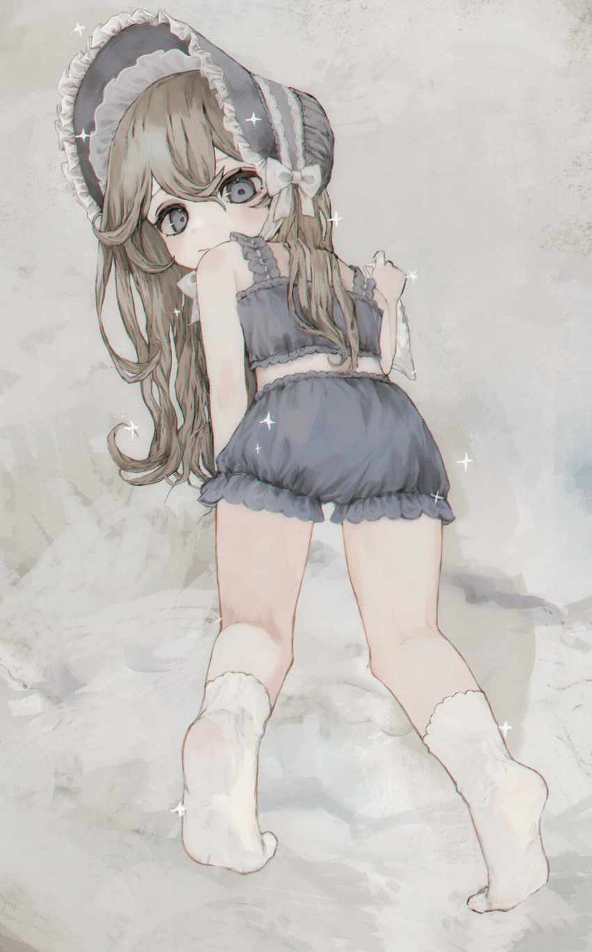 1girl, all_fours, bare_shoulders, bloomers, blush, bonnet, brown_hair, camisole