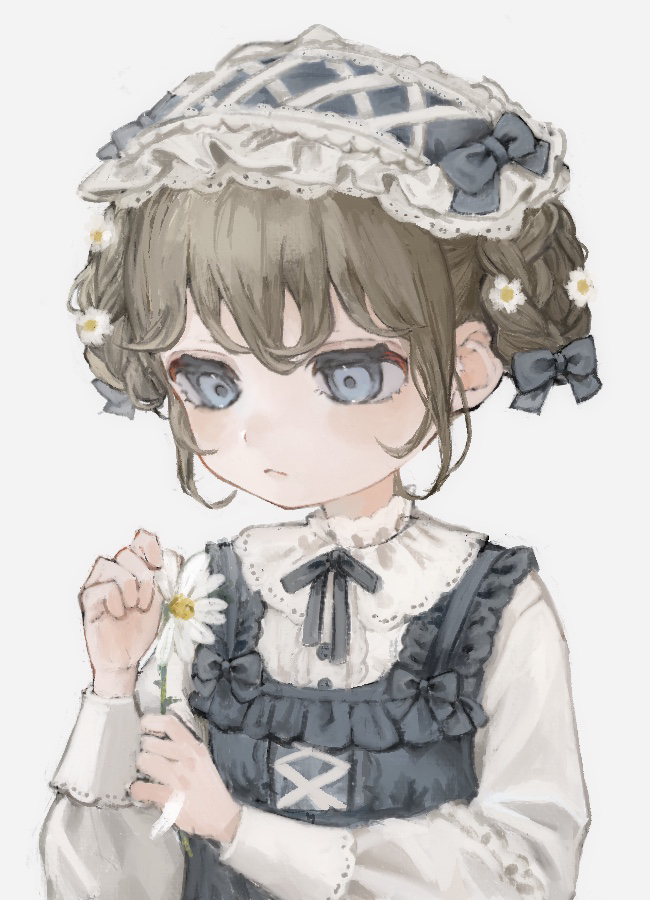 1girl, blue_dress, blue_eyes, blue_ribbon, bow, brown_hair, child, daisy_(flower)