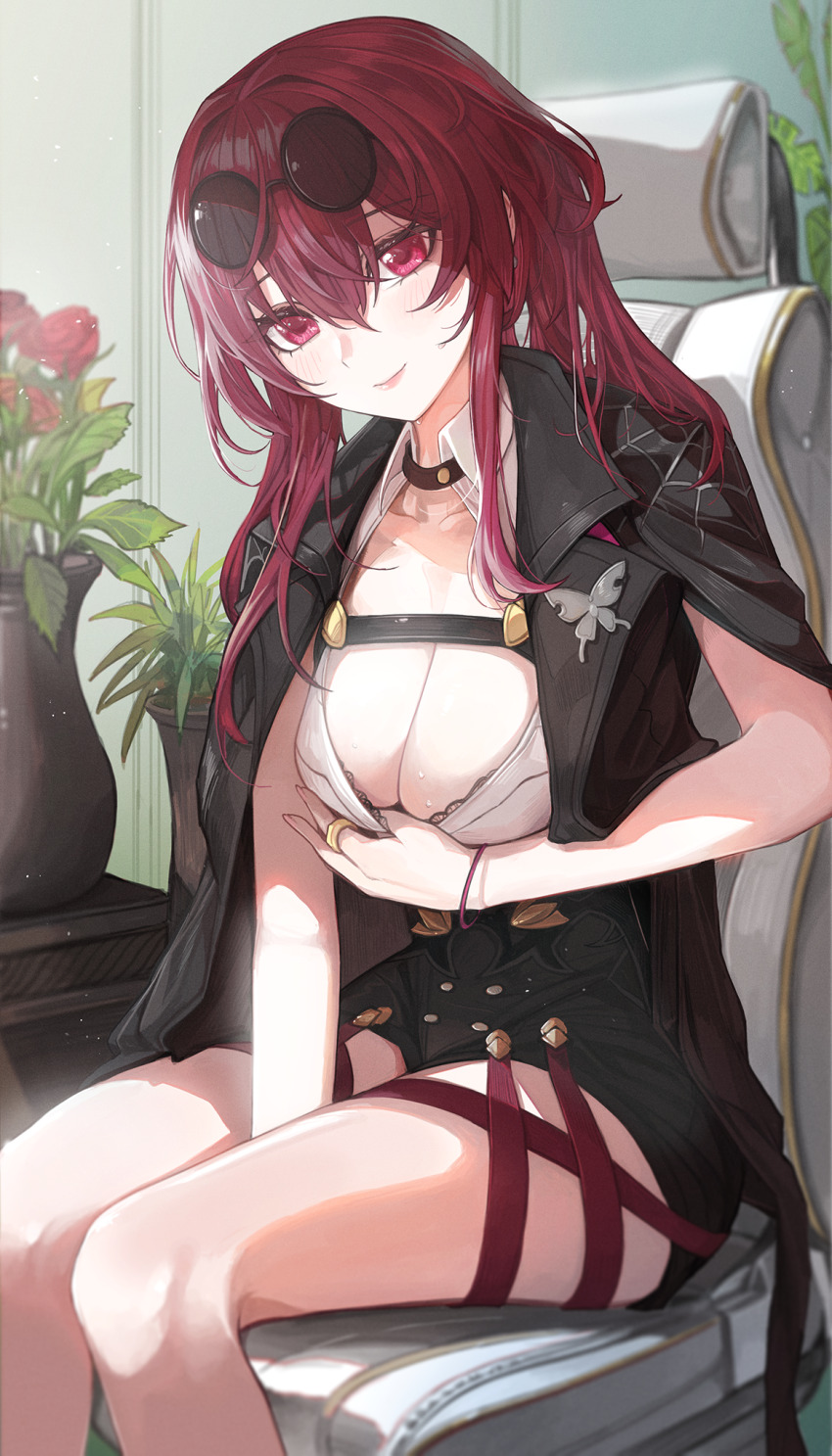 1girl, breasts, chest_harness, cleavage, glasses_on_head, harness, highres, honkai:_star_rail, honkai_(series), jacket, kafka_(honkai:_star_rail), large_breasts, open_clothes, open_jacket, red_hair, rim_(rimgrim), sitting, smile, solo