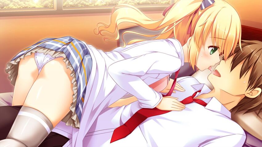 1boy, 1girl, amakasu_amane, amanatsu_adolescence, blonde_hair, brown_hair, girl_on_top, green_eyes