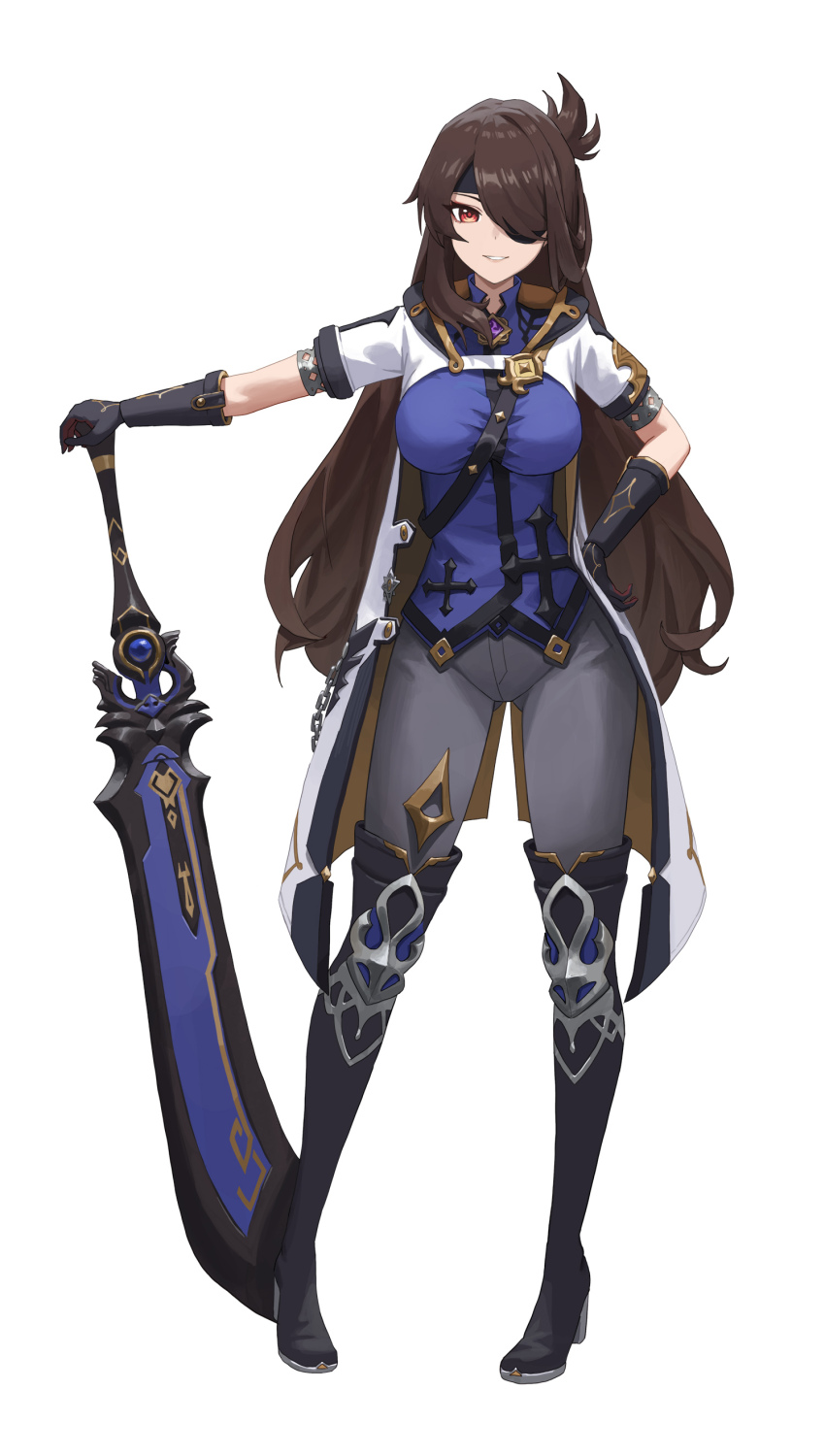 1girl, absurdres, albedo_(genshin_impact), albedo_(genshin_impact)_(cosplay), beidou_(genshin_impact), black_boots, black_gloves, black_hair, blue_shirt, boots, coat, commentary_request, cosplay, full_body, genshin_impact, gloves, grey_pants, grin, half_updo, highres, leggings, llami_0, long_hair, looking_at_viewer, open_clothes, open_coat, pants, red_eyes, shirt, short_sleeves, simple_background, smile, solo, standing, sword, thigh_boots, thighs, very_long_hair, weapon, white_background, white_coat
