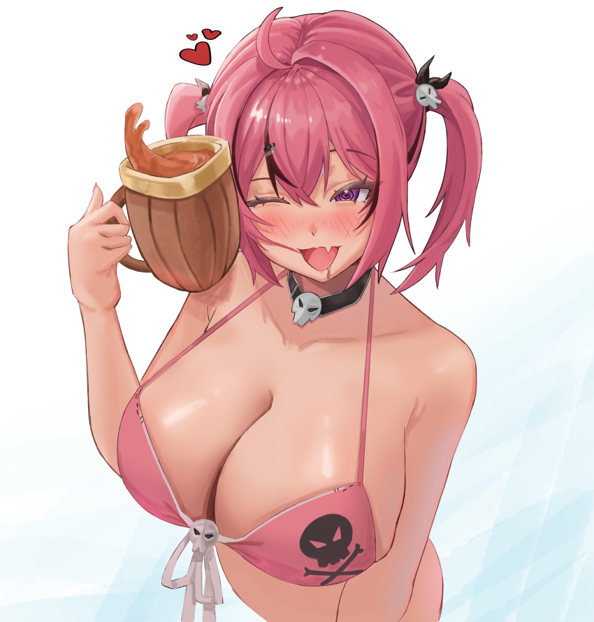 1girl, absurdres, ahoge, bikini, black_choker, bluepaint, blush, breasts, choker, cleavage, collarbone, cropped_torso, cup, fang, goddess_of_victory:_nikke, hair_intakes, hair_ornament, heart, highres, huge_breasts, mast_(a_pirate's_heart)_(nikke), mast_(nikke), mug, multicolored_hair, open_mouth, pink_bikini, pink_hair, simple_background, skin_fang, skull_choker, skull_hair_ornament, skull_ornament, skull_print, smile, solo, streaked_hair, swimsuit, twintails, two-tone_hair, white_background