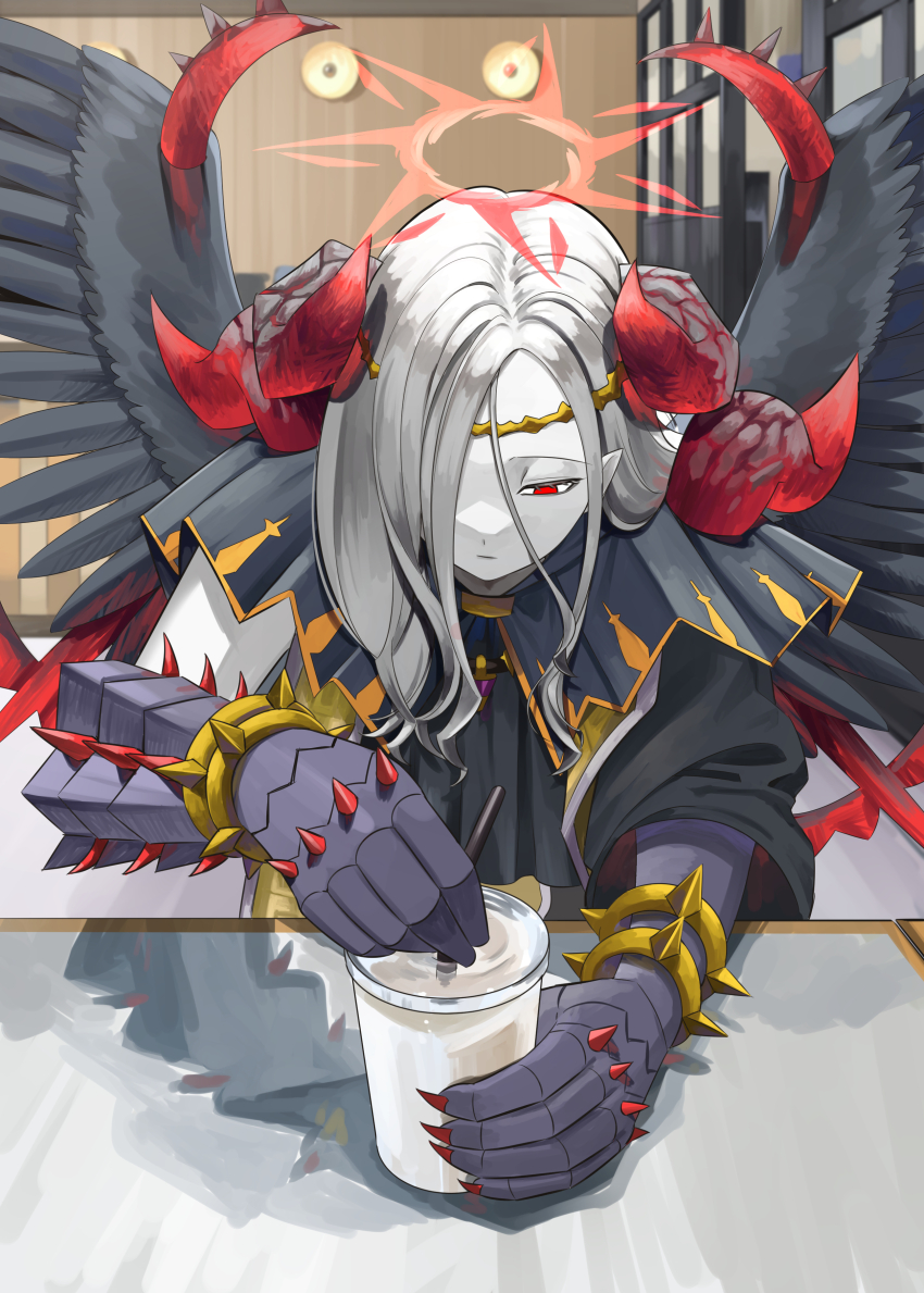 1girl, absurdres, condemned_darklord, cup, demon_horns, duel_monster, fallen_angel, feathered_wings