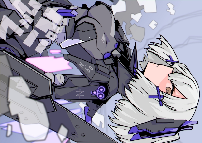 1girl, absurdres, bodysuit, breasts, brown_eyes, closed_mouth, cyborg, dutch_angle