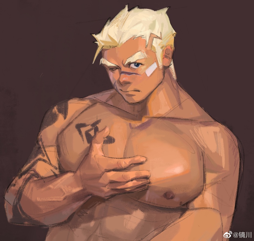 1boy, arm_tattoo, bandaid, bandaid_on_cheek, bandaid_on_face, bara, blonde_hair, check_copyright