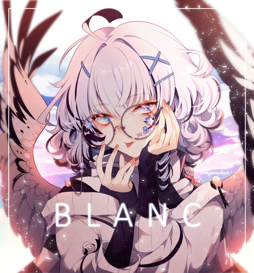 1girl, :p, adjusting_eyewear, animal, animal_on_arm, animal_on_shoulder, bird, bird_on_arm