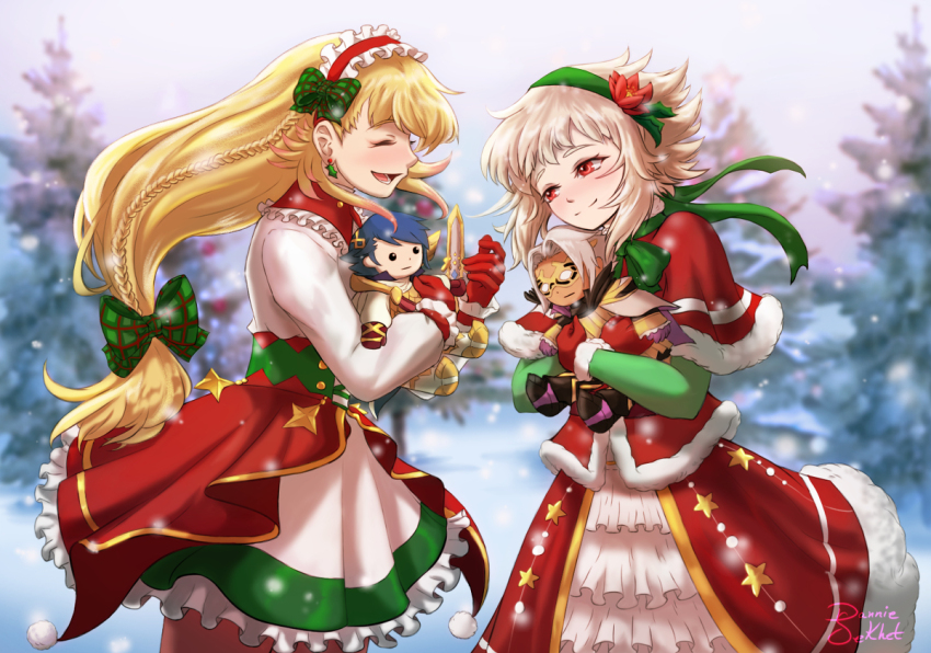 2girls, alfonse_(fire_emblem), blonde_hair, braid, christmas, christmas_ornaments, dannie_dewitt, fire_emblem, fire_emblem_heroes, gloves, grey_hair, hair_ornament, long_hair, multiple_girls, bruno_(fire_emblem), nintendo, official_alternate_hairstyle, red_eyes, sharena_(fire_emblem), short_hair, sidelocks, smile, snow, snowing, stuffed_toy, veronica_(fire_emblem), winter_clothes
