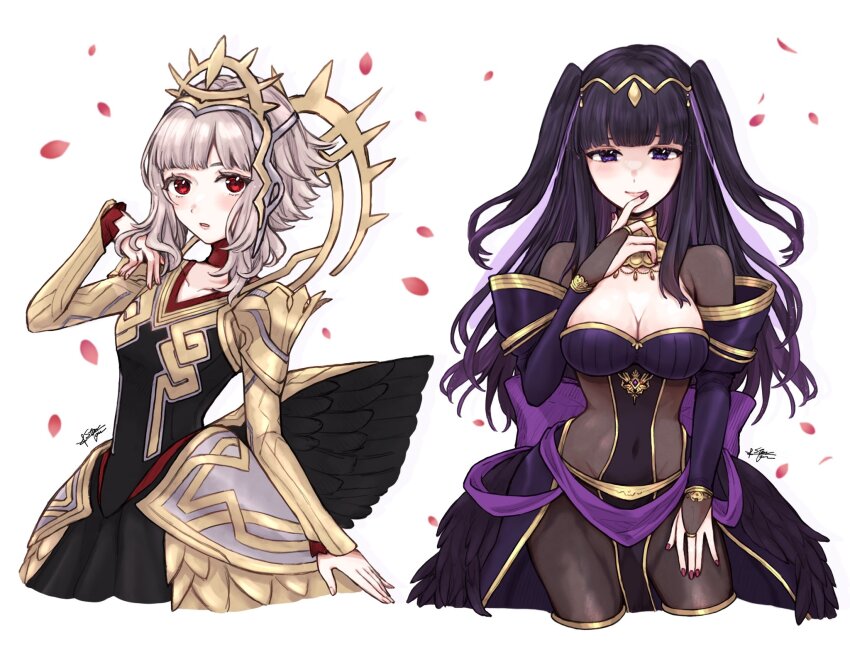 2girls, black_hair, dress, fire_emblem, fire_emblem_heroes, grey_hair, highres, misato_hao