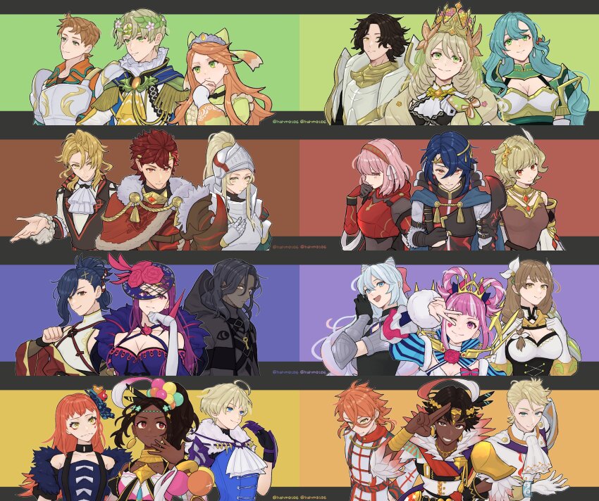6+boys, 6+girls, absurdres, alcryst_(fire_emblem), alfred_(fire_emblem), amber_(fire_emblem), armor, bare_shoulders, black_hair, blonde_hair, blue_hair, boucheron_(fire_emblem), breasts, brother_and_sister, brothers, brown_hair, bunet_(fire_emblem), celine_(fire_emblem), chloe_(fire_emblem), citrinne_(fire_emblem), cleavage, closed_mouth, dark-skinned_female, dark-skinned_male, dark_skin, diamant_(fire_emblem), dress, elbow_gloves, etie_(fire_emblem), everyone, fascinator, fire_emblem, fire_emblem_engage, flower, fogado_(fire_emblem), gloves, goldmary_(fire_emblem), green_eyes, hahm0106, hair_ornament, highres, hortensia_(fire_emblem), ivy_(fire_emblem), jade_(fire_emblem), kagetsu_(fire_emblem), lapis_(fire_emblem), large_breasts, lineup, long_hair, long_sleeves, looking_at_viewer, louis_(fire_emblem), matching_hair/eyes, merrin_(fire_emblem), mole, mole_under_mouth, multiple_boys, multiple_girls, nintendo, orange_hair, pandreo_(fire_emblem), panette_(fire_emblem), pink_hair, plate_armor, ponytail, purple_eyes, purple_hair, red_eyes, red_hair, rosado_(fire_emblem), short_hair, siblings, smile, star-shaped_pupils, star_(symbol), symbol-shaped_pupils, tiara, timerra_(fire_emblem), very_dark_skin, white_armor, white_gloves, yunaka_(fire_emblem), zelkov_(fire_emblem)