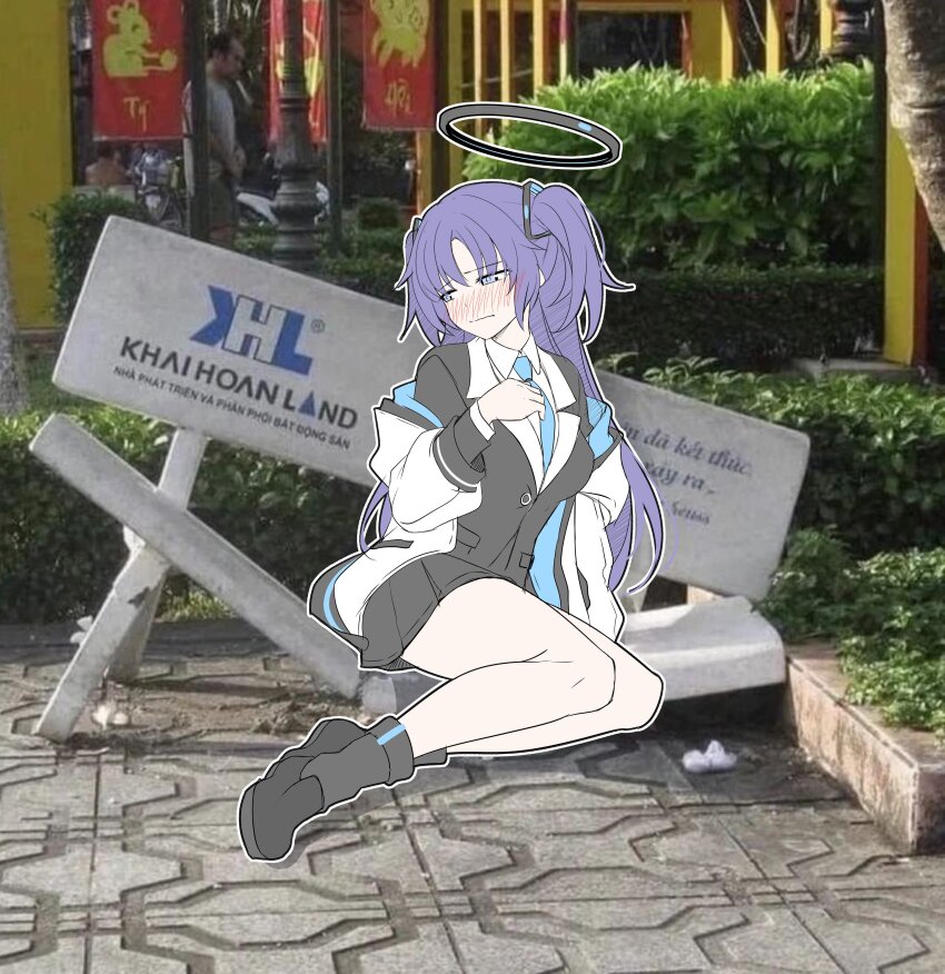 100kg_(meme), 1girl, absurdres, black_footwear, black_jacket, black_skirt, blue_archive, blue_eyes, blue_hair, blue_necktie, blush, broken_stone_bench_(meme), bush, closed_mouth, collared_shirt, commentary, embarrassed, english_commentary, halo, highres, jacket, long_sleeves, looking_to_the_side, mechanical_halo, meme, miniskirt, necktie, nose_blush, photo_background, pleated_skirt, shirt, shoes, sitting, skirt, solo_focus, stone_bench, t1kosewad, thighs, two_side_up, wavy_mouth, weight_conscious, white_jacket, white_shirt, yokozuwari, yuuka_(blue_archive)