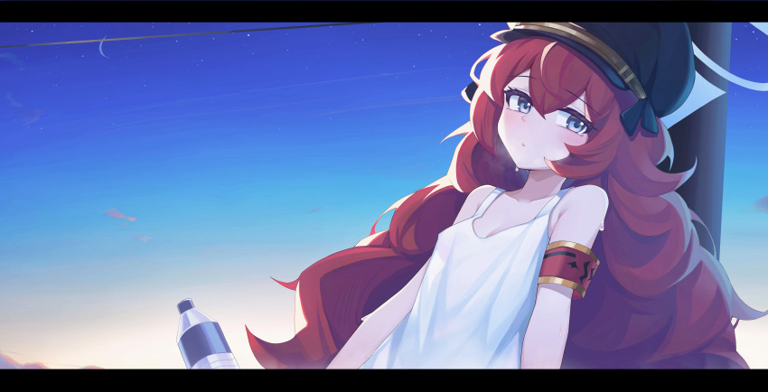 1girl, absurdres, alternate_costume, armband, backlighting, blue_archive, blue_sky, blurry