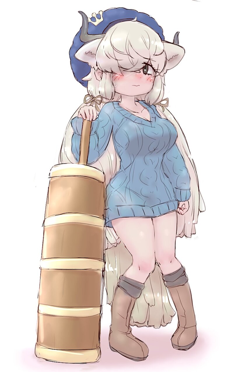 1girl, beret, black_horns, blue_sweater, blush, boots, breasts, brown_eyes, butter_churn, cleavage, dress, extra_ears, grey_horns, hair_over_one_eye, hat, highres, horns, k_(susiinochi24), kemono_friends, kemono_friends_3, large_breasts, long_hair, looking_at_viewer, multicolored_horns, cow_ears, cow_girl, cow_horns, cow_tail, solo, sweater, sweater_dress, twintails, white_hair, yak_(kemono_friends)