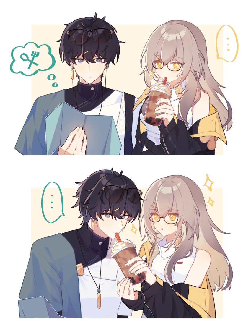 ..., 1boy, 1girl, antenna_hair, black_hair, black_jacket, breasts, chinese_commentary