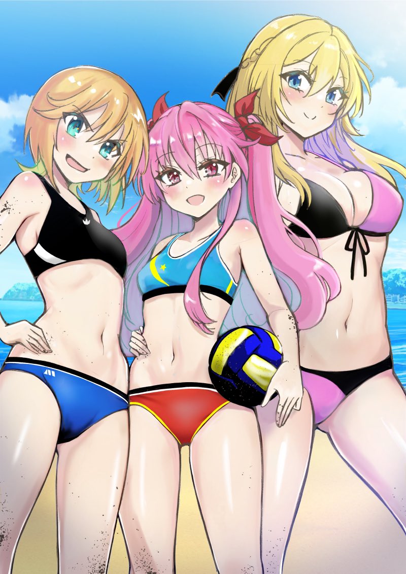 3girls, ball, beach, bikini, black_bikini, blonde_hair, blue_bikini, blue_eyes
