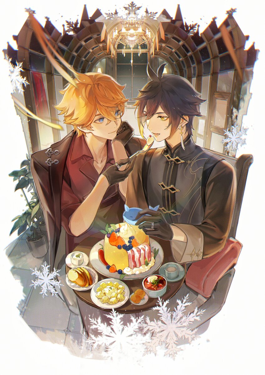 absurdres, borscht_(food), cake, food, food_on_table, genshin_impact, highres, levittank, snowflakes, tartaglia_(genshin_impact), zhongli_(genshin_impact)