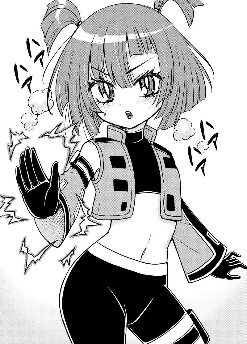 1girl, commentary_request, contrapposto, crop_top, cropped_vest, detached_sleeves, gloves, greyscale