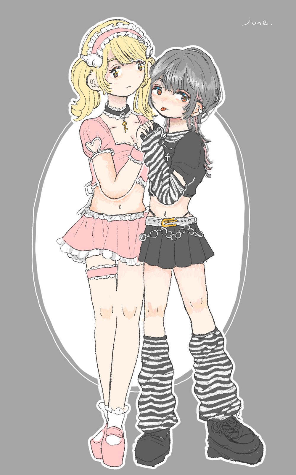 2girls, arm_warmers, artist_name, belt, belt_buckle, black_arm_warmers, black_choker, black_footwear