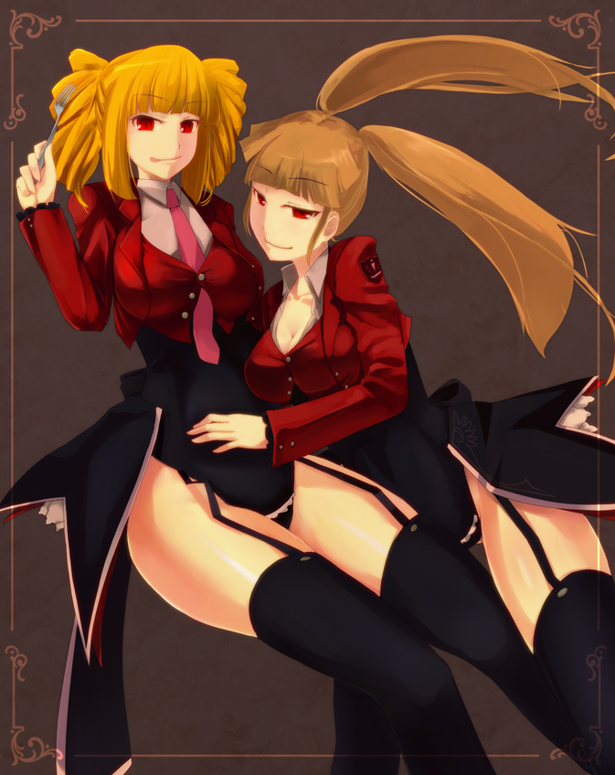 2girls, asmodeus_(umineko), beelzebub_(umineko), black_leotard, blonde_hair, breasts, cleavage, drill_hair