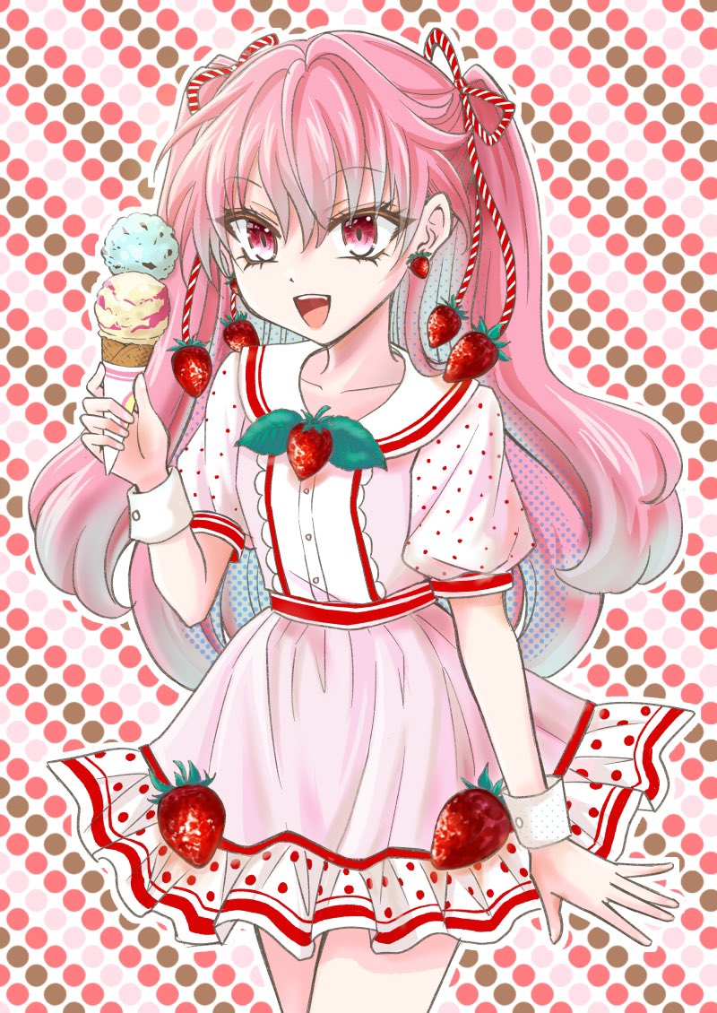 1girl, blue_hair, colored_inner_hair, commentary_request, dress, earrings, food, food-themed_earrings