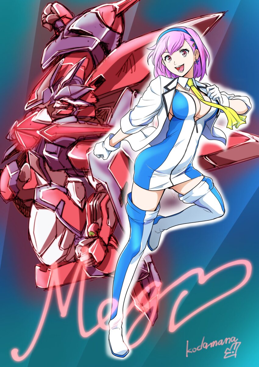 1girl, artist_name, aura, blue_dress, blue_footwear, blue_hairband, boots, breasts, brown_eyes, character_name, cleavage, clenched_hands, daimon_meguru, detached_collar, dress, earrings, hair_behind_ear, hairband, head_tilt, heart, highres, jacket, jewelry, looking_at_viewer, mecha, medium_breasts, merafdin, necktie, open_mouth, pink_hair, red_eyes, robot, smile, solo_focus, super_robot_wars, super_robot_wars_dd, thigh_boots, two-tone_dress, two-tone_footwear, white_dress, white_footwear, white_jacket, yellow_necktie, yuzupapa