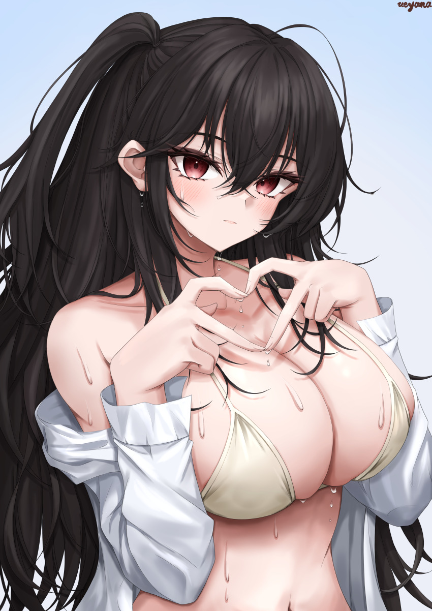 1girl, four-finger_heart_hands, absurdres, azur_lane, bikini, black_hair, blush, breasts