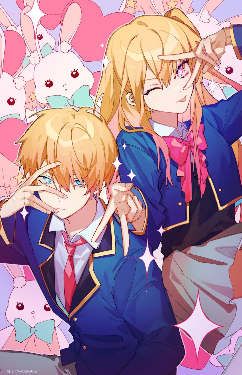 1boy, 1girl, absurdres, blazer, blonde_hair, blue_eyes, blue_jacket, bow