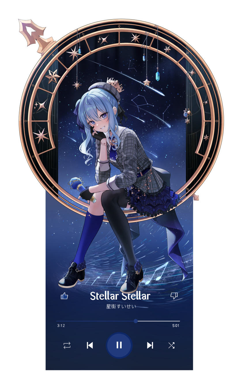 1girl, absurdres, ascot, asymmetrical_legwear, beret, black_footwear, black_thighhighs, blue_ascot