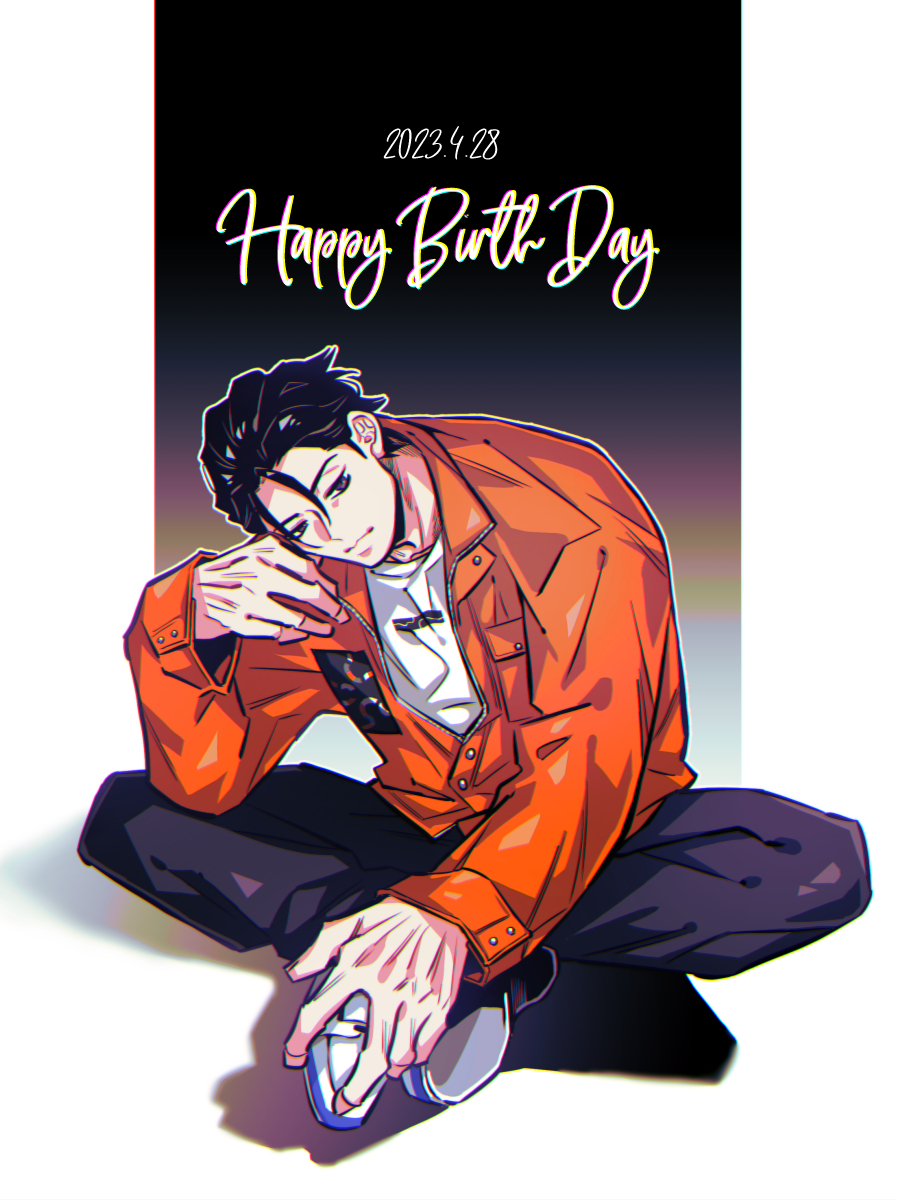 1boy, 2023, aiharasuke, black_eyes, black_hair, black_pants, charisma_house, closed_mouth