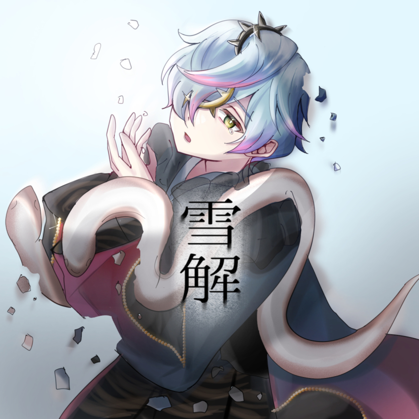 1boy, black_headwear, blue_hair, cape, charisma_house, crying, crying_with_eyes_open, fanu