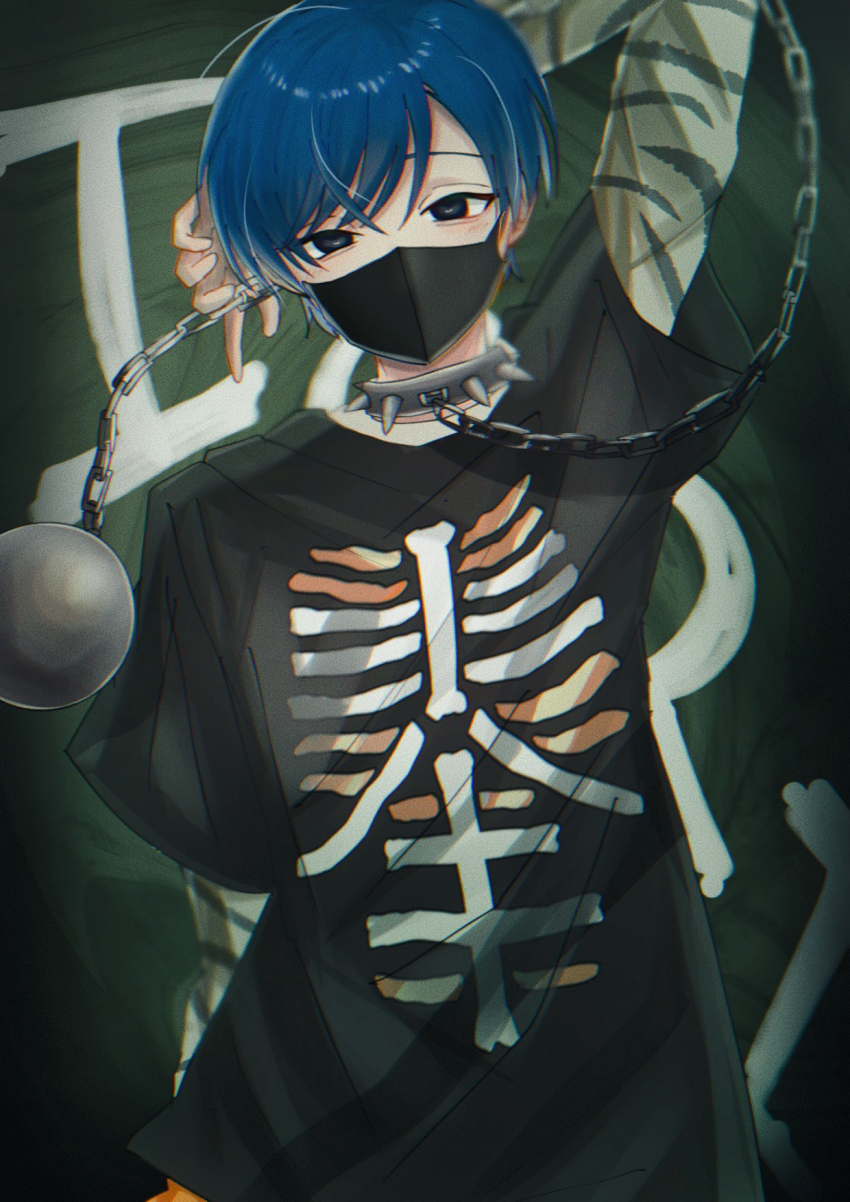 1boy, ball_and_chain_restraint, black_background, black_eyes, black_mask, black_shirt, blue_hair, charisma_house, collar, fanu, green_background, highres, long_sleeves, looking_at_viewer, male_focus, mask, motohashi_iori, mouth_mask, multicolored_background, shirt, short_hair, solo, spiked_collar, spikes, white_sleeves