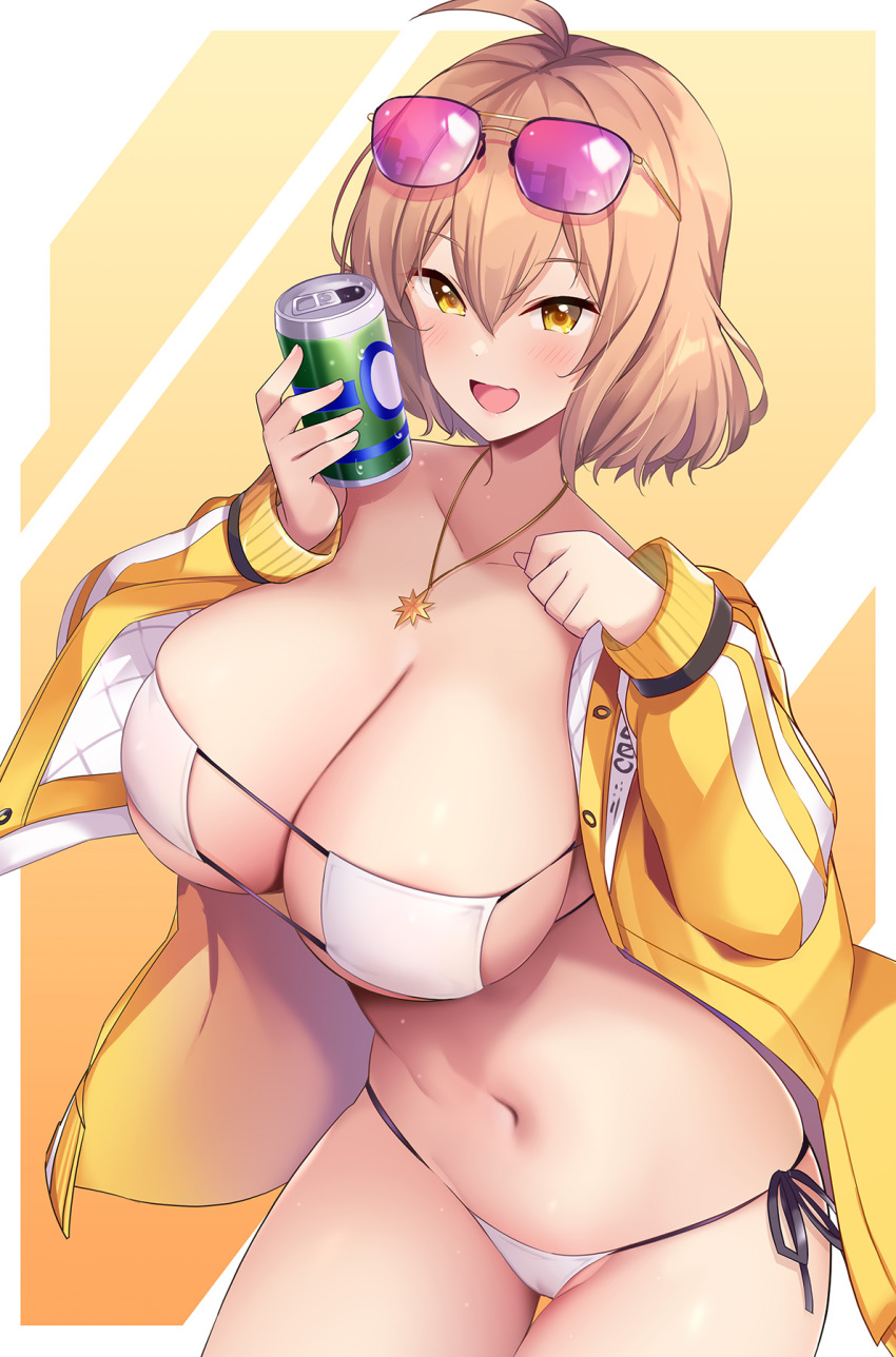 1girl, :d, ahoge, anis_(nikke), anis_(sparkling_summer)_(nikke), bare_shoulders, bikini, blush