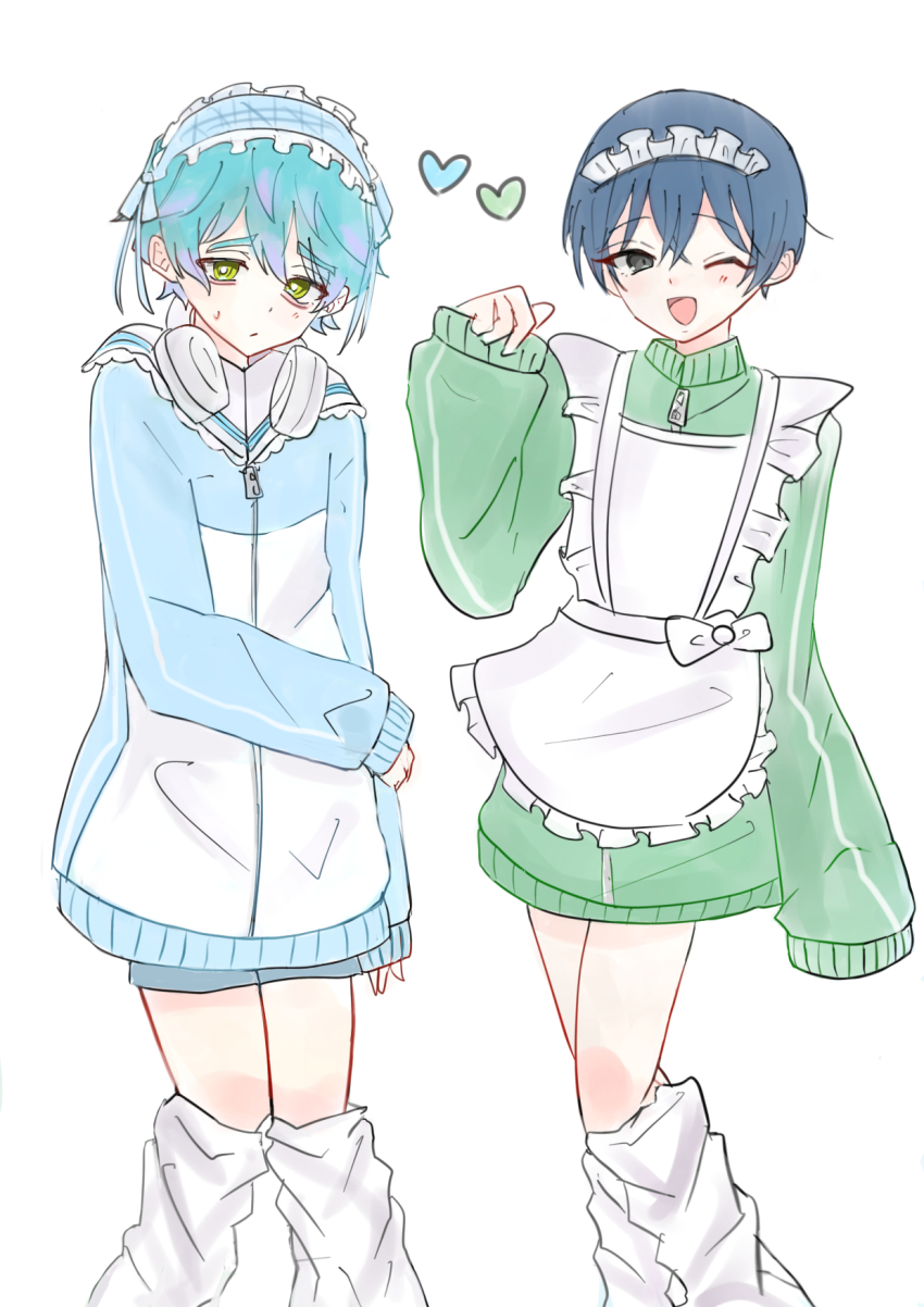 2boys, apron, black_eyes, blue_hair, blue_jacket, charisma_house, crossdressing, crossdressing_(mtf)