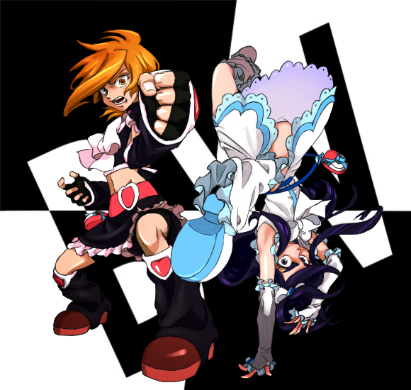 00s, 2girls, boots, cure_black, cure_white, futari_wa_precure, half_updo, heart