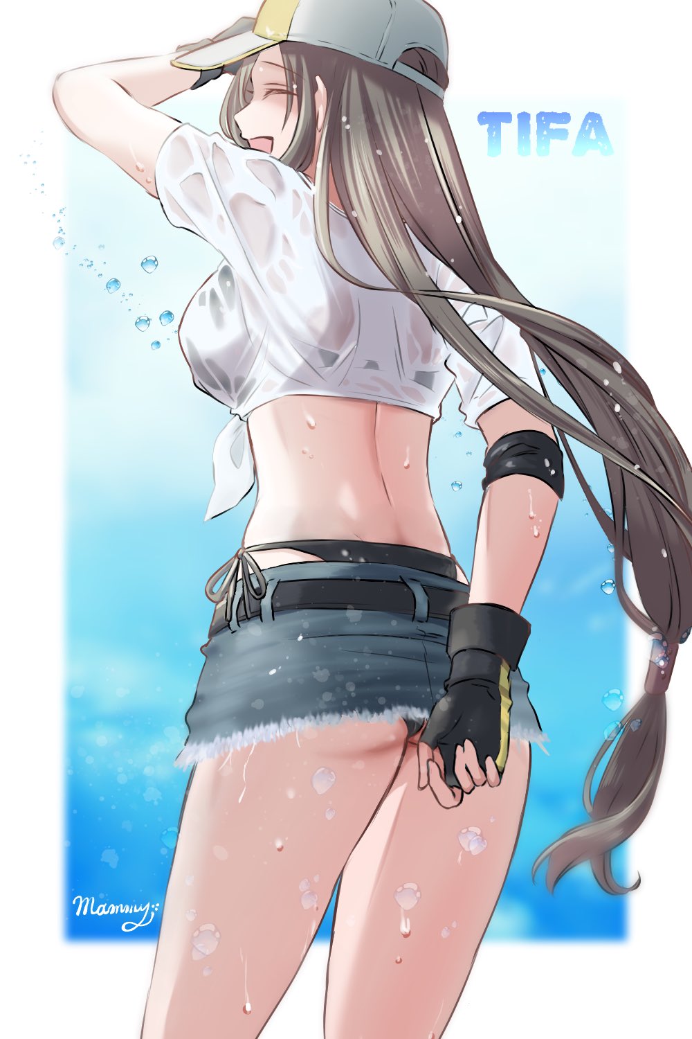 1girl, ass, bikini, bikini_under_clothes, black_bikini, black_hair, character_name, crop_top, final_fantasy, final_fantasy_vii, final_fantasy_vii:_ever_crisis, fingerless_gloves, frayed_skirt, from_behind, front-tie_top, gloves, hat, highres, imomarimomami, long_hair, low-tied_long_hair, miniskirt, official_alternate_costume, see-through_clothes, see-through_shirt, shirt, side-tie_bikini_bottom, skirt, smile, solo, swimsuit, thighs, tifa_lockhart, tifa_lockhart_(lifeguard), wet, wet_clothes, wet_shirt