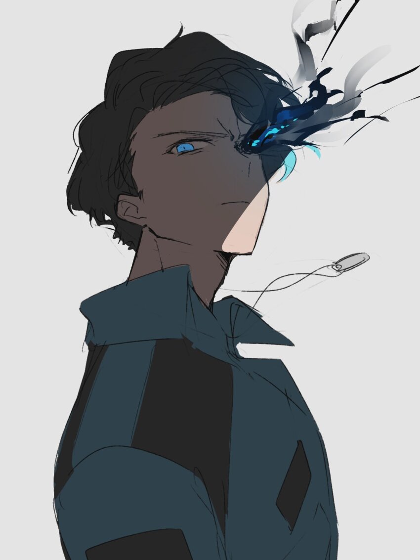 1boy, black_hair, blue_eyes, ebony_nightmare, flaming_eye, frown, glowing, glowing_eyes