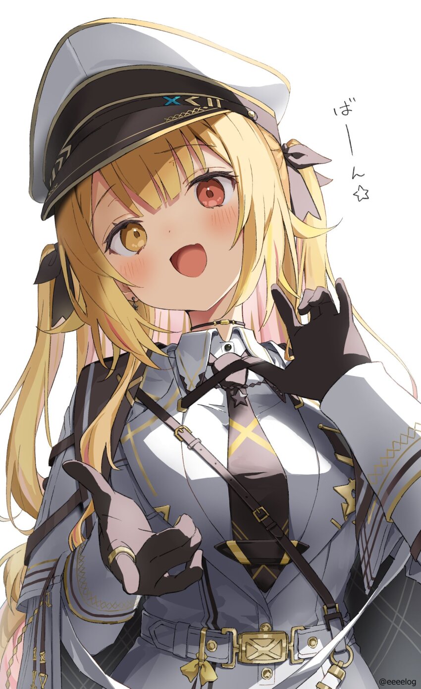 1girl, :d, black_bow, black_necktie, blonde_hair, blush, bow, breasts